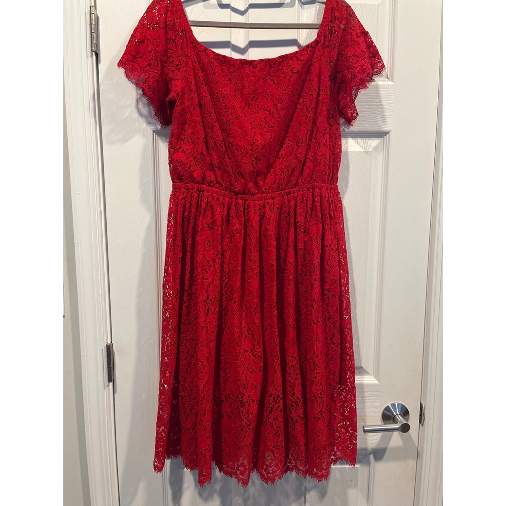 Express Red Floral Lace Off Shoulder Fit & Flare Cocktail Dress Large - Picture 2 of 9
